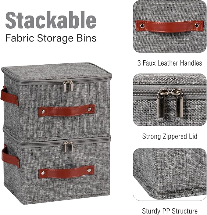 3PCS Storage Bins Boxes with Zippered Lids Cotton Linen Fabric Decorative Basket PU Leather Handles PP Plastic Board Foldable Lidded Clothing Shelf Closet Organizer Container (Gray, Small)