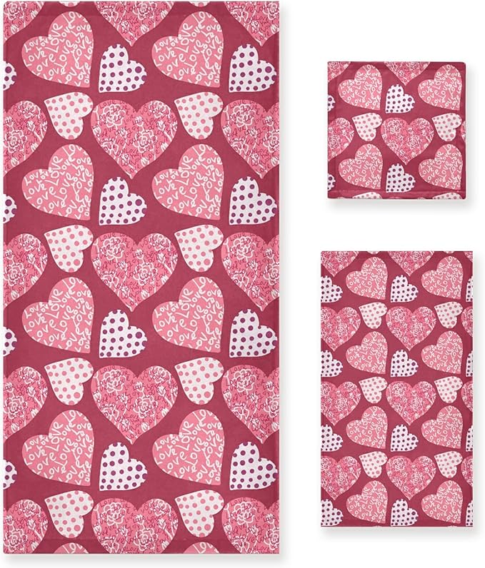 Pink Plaid Hearts Towels Set of 3 Romantic Love Dot Spring Bathroom Towel Soft Absorbent Bath Hand Towels Washcloth Guest Towel Sets Mother's ValentineDecorations