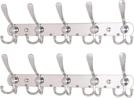 Dseap Wall Mounted Coat Rack - 5 Tri Hooks, Heavy Duty, Stainless Steel, Metal Coat Hook Rail for Coat Hat Towel Purse Robes Mudroom Bathroom Entryway (Chromed, 2 Packs)