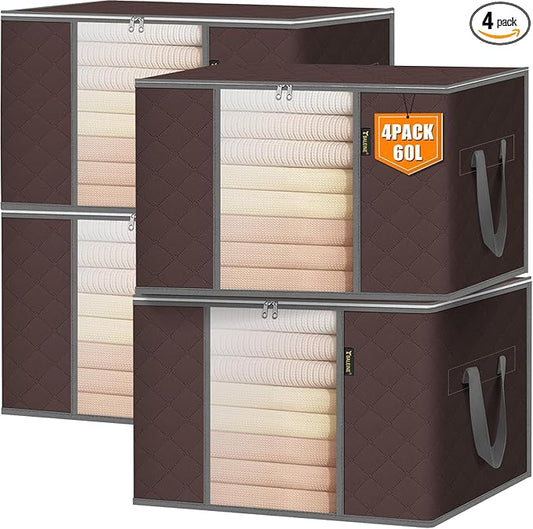 BALEINE 4 Pack Clothes Storage Bags, 16 Gallon Storage Containers with Reinforced Handle, Sturdy Zipper, Closet Organizer for Blanket, Comforter, Pillow, Bedding (Brown, 4 Pack)