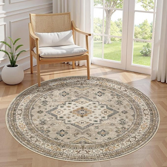 5ft Round Vintage Living Room Area Rug - 5x5 Large Soft Washable Oriental Traditional Distressed Farmhouse Rugs for Bedroom - Indoor Floor Accent Carpet for Home Office House Decor - Beige