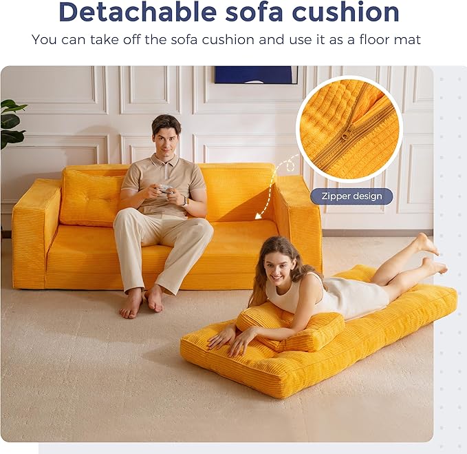 MAXYOYO Convertible Sofa Bed, Pull Out 3 Seater Sleeper Sofa, 2 in 1 Folding Couch Bed, Fold Out Floor Couch with Pillows for Living Room Bedroom Lounge, Orange