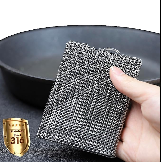 Cast Iron Cleaner Chainmail Scrubber -Fine Ring- 316 Stainless Steel Scrubbing Sponge Skillet – Dish Scrubber - Built-in Silicone with Welded Rings - for Cast Iron Pots, BBQ, Dishes (Standard)