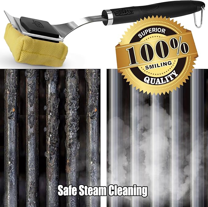 Grill Brush Bristle Free Safe Steam Cleaning Tool, Replaceable Head for Any Grate Type - 17” Long Handle w/One-Fit-All Scraper - BBQ Accessories Cleaner for Outdoor Grill - Gifts for Men/Dad