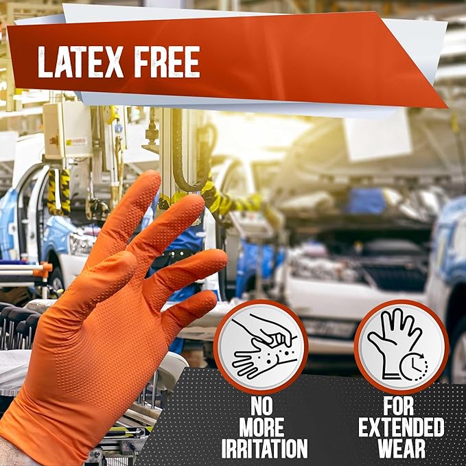 8 Mil Orange Nitrile Gloves Mechanic Grade, Oil & Chemical Resistant, Heavy-Duty Disposable for Auto Repair