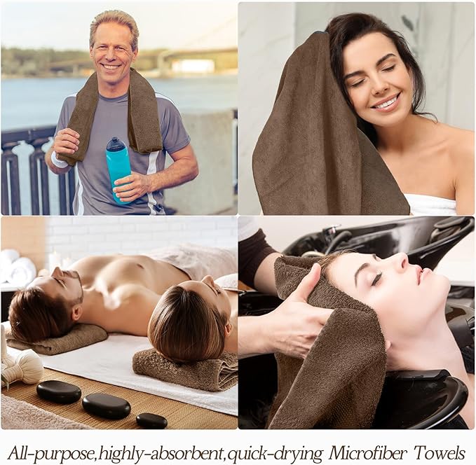 40 Pack Bleach Proof Towels Microfiber Absorbent Resistant Hair Hand Towels Bulk Quick Dry 16 x 29 Inches for Barber Gym Bath Spa Shaving (Brown)