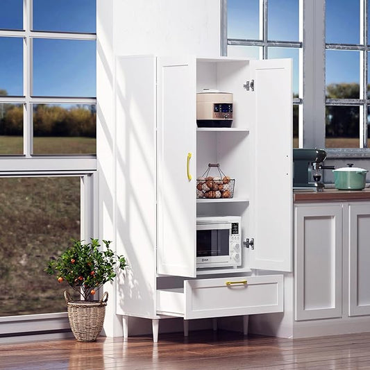 60" Tall Wooden Storage Cabinet with Adjustable Shelves, Large Capacity Freestanding Pantry Cabinet for Living Room, Kitchen, and Dining Room,White