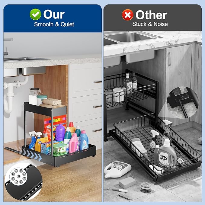 Insputer 2 Pack Under Sink Organizer Expandable Width 9.8"-15" & 2 Tier Under Sink Organizer with 3 Slide Rails, Under Cabinet Storage Expandable 15"-25"