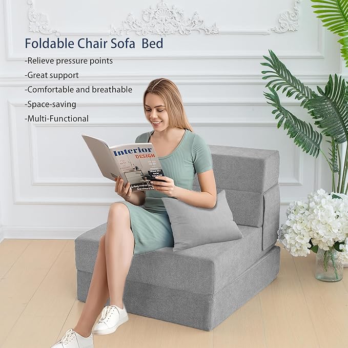 Sofa Bed Foldable Mattress ，Folding Sleeper Sofa Chair Bed Floor Mattress with Pillow for Living Room Home Office (Light Gray, Single)