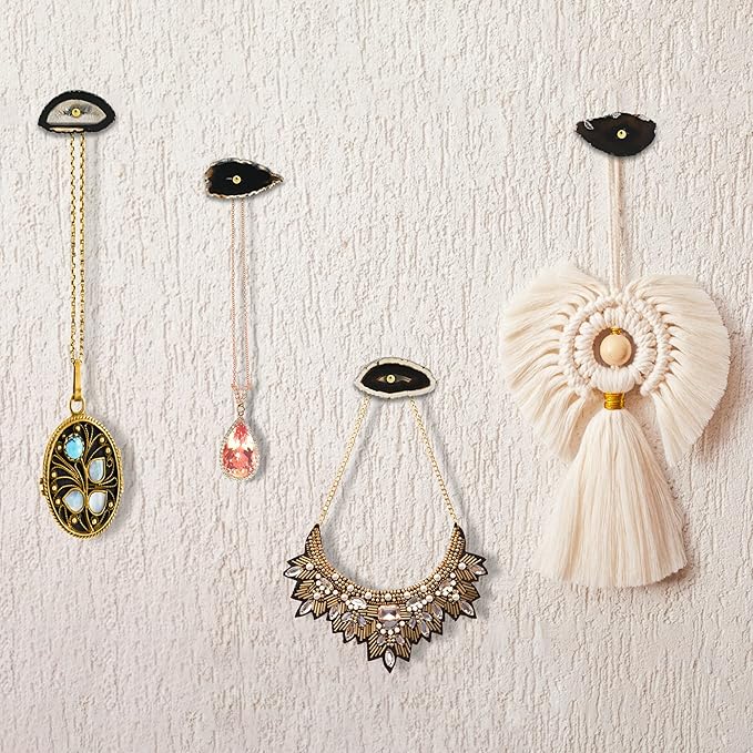Cozy Tower 4 Pcs Unique Agate Black Coat Hooks Wall Mounted Decorative Brass Single Hook for Hanging, Hat Bag Curtain Tieback