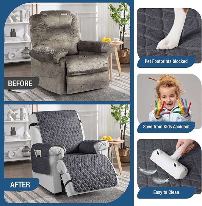 TAOCOCO 100% Waterproof Recliner Cover - Recliner Cover with Non-Slip Granule, Recliner Chair Covers with Elastic Band, Recliner Chair Covers for Reclining Chair(Dark Grey,Small-22'')