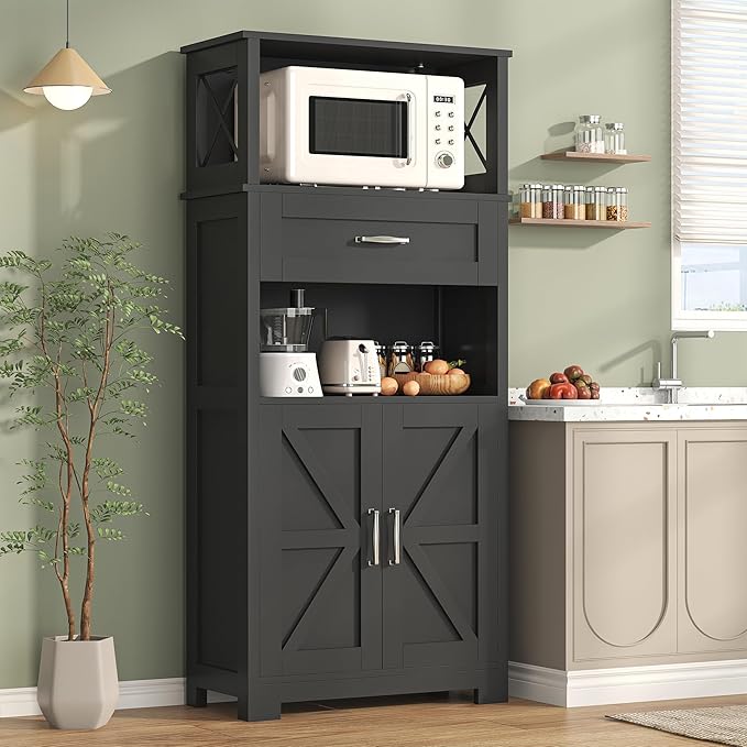 Semoic 55" Farmhouse Kitchen Pantry Cabinet, 5-Tier Pantry Storage Cabinet with 2 Barn Doors and Drawer, Tall Sideboard Buffet Cupboards Storage Shelf for Home Office Use (Black 12" D x 24" W x 55" H)