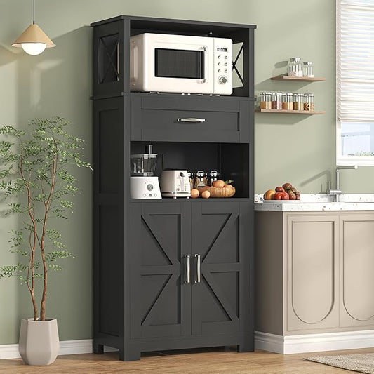 Semoic 55" Farmhouse Kitchen Pantry Cabinet, 5-Tier Pantry Storage Cabinet with 2 Barn Doors and Drawer, Tall Sideboard Buffet Cupboards Storage Shelf for Home Office Use (Black 12" D x 24" W x 55" H)