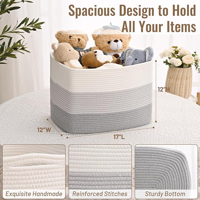 3 Pack Cube Storage Bin, 17”x12”x12” Cotton Rope Woven Baskets for Organizing Toys Clothes Towels, Square Gift Storage Baskets for Shelves, Nursery, Closet, Bathroom, Pantry (3-Tone Gray)