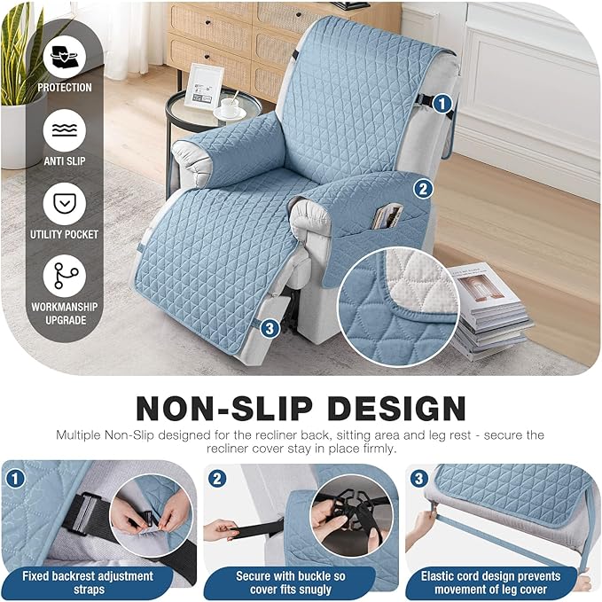 TAOCOCO 100% Waterproof Recliner Cover - Recliner Cover with Non-Slip Granule, Recliner Chair Covers with Elastic Band, Recliner Chair Covers for Reclining Chair (Light Blue,Small-22'')