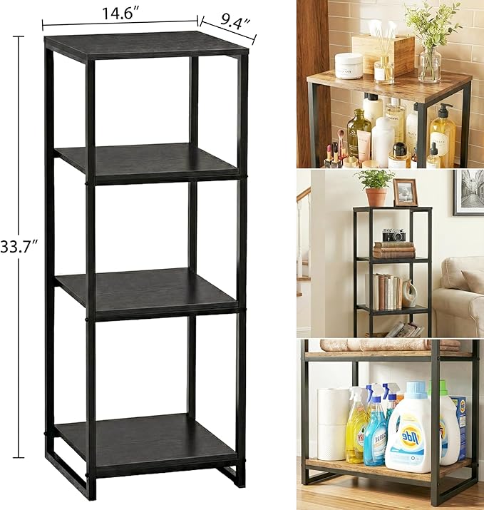 4-Tier Bathroom Shelving Unit, 33.7" H Narrow Open Floor Shelves, Metal Corner Slim Storage Rack for Bathroom Laundry Room Kitchen Living Room, Black