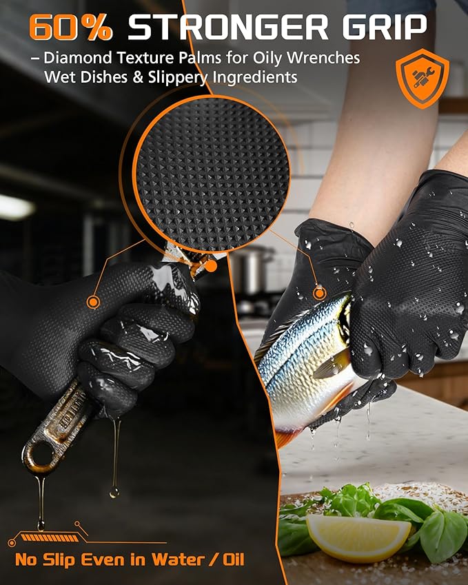 wcy Anboson 9 Mil Latex Free Disposable Nitrile Gloves - Black, M, 30PCS (Diamond Grip for Mechanics/Automotive/Industrial/Garden Rubber Gloves for Men, Touchscreen Compatible)