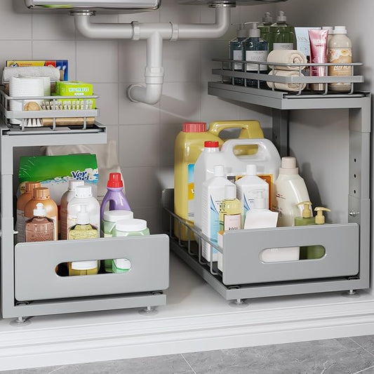 Under Sink Organizer Upgrade To Professional Rails,2-Tier Dual Pull Out Cabinet Storage,Height Adjustable Slide Out Drawers For Bathroom Kitchen,2 Pack-14.5"Dx12.8"-16.9"H,Gun Gray