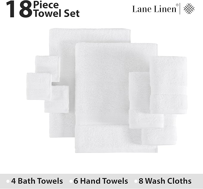 LANE LINEN Cotton Bath Towel Set 18 Piece - Super Soft, Absorbent & Quick Dry - 4 Bath, 8 Washcloths, 6 Hand Towels for Bathroom - Hotel Quality Turkish Towels, Ideal for Spa, Gym & Travel - White