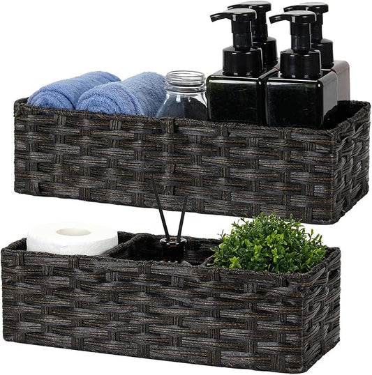 Bidtakay Long Narrow Wicker Baskets Toilet Paper Basket for Shelves 2-Pack Waterproof Imitation Small Wicker Storage Bins for Washroom Closet Blackish-tan