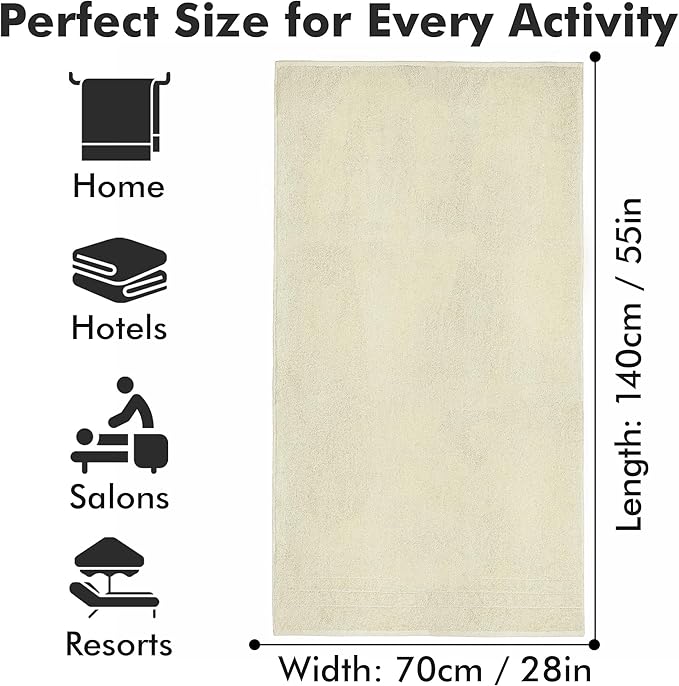Bath Towels Set of 4 – 100% Cotton Ivory Extra Large Towels for Bathroom, Spa Use (55x28 in) – Super Soft and Quick Dry Large Bath Sheets for Adults