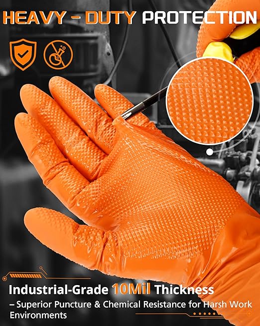 10mil Nitrile-Gloves Disposable-Orange Chemical-Resistant Rubber - Mechanic Gloves Heavy Duty, Latex Free, Diamond Grip (500, Medium)