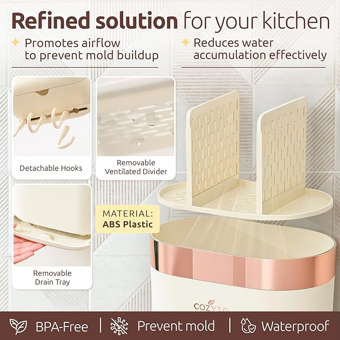 COZYTO LuxTray U1-Pro Wall Mounted Utensil Holder – Kitchen Organizer with Hooks, Dividers & Drain Tray, No-Drill Adhesive Wall Mount Storage, BPA-Free (Cream White & Rose Gold)