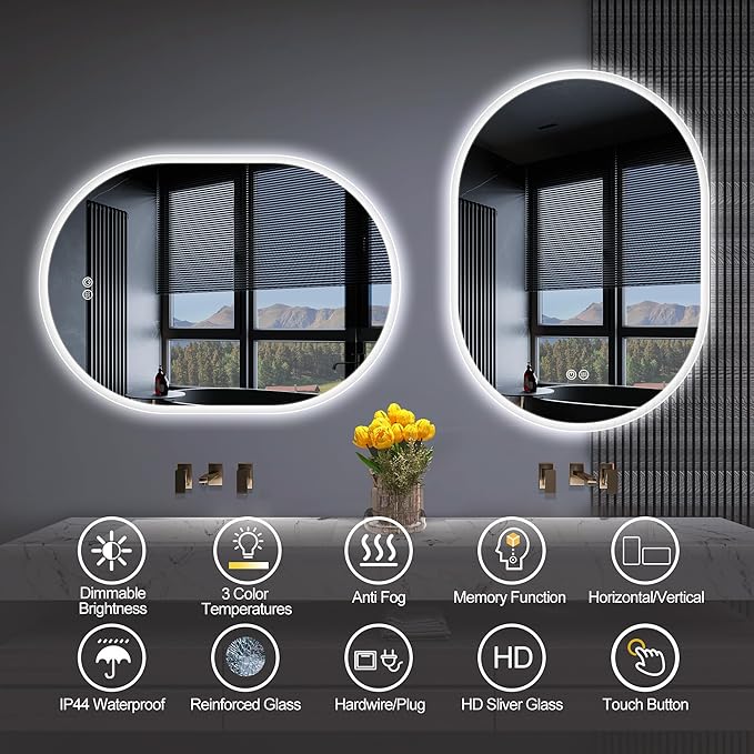 S'bagno 2pcs 28x20 inch Oval-Led-Bathroom-Mirror Dimmable Brightness, Lghted-Bathroom-Mirror with Defogger, Touch-Buttons, Lights Color Changing, Vertical and Horizontal