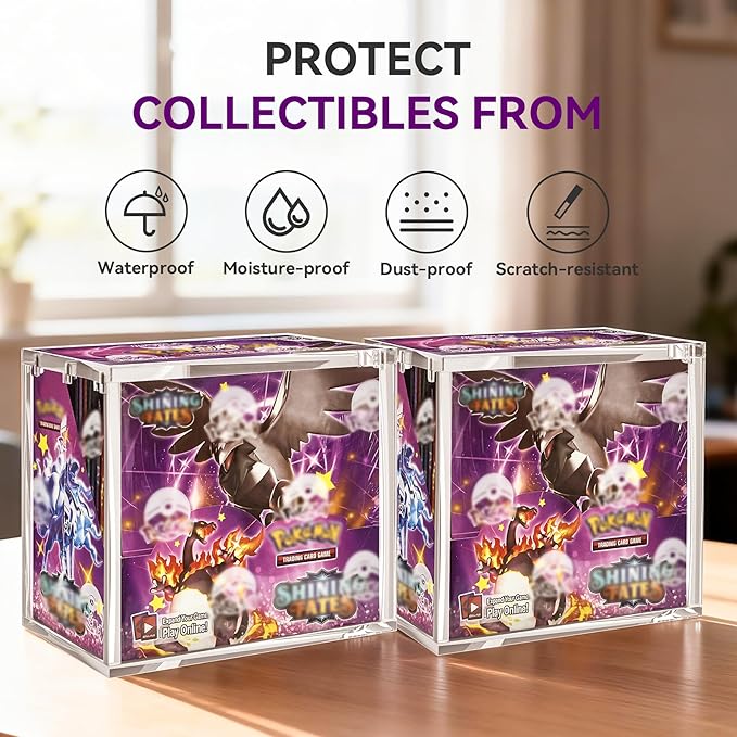 PKMN Booster Box Case, 8mm Ultra Thick Acrylic Protector with Magnetic Lid, Stackable Clear Display Box for Trading Card Collection