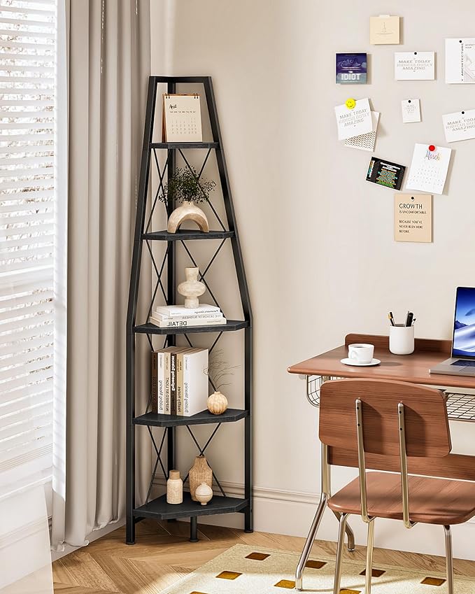 5-Tier Corner Shelf, Corner Bookshelf, Ladder Shelf, Floor Standing Storage Rack, Open Display Stand, Plant Stand, for Living Room, Bedroom, Study, Bathroom, Black TCJ22BB