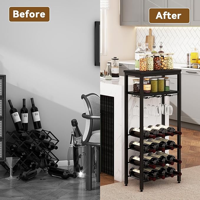IBUYKE Wine Racks Freestanding Floor,Liquor Bottle Holder,16 Bottles Wine Cabinet with Glass Holder,Wine Holder Display,Mini Wine Bar Table for Living Room,Kitchen Pantry,Dining Room,Black UTMJ907B