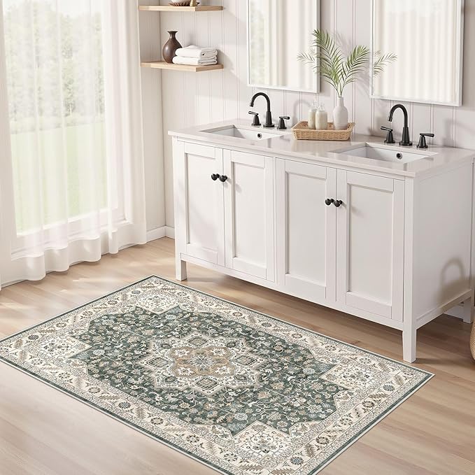 Vintage Living Room Area Rug 3x5 - Large Soft Washable Oriental Traditional Distressed Farmhouse Rugs for Bedroom - Indoor Floor Accent Carpet for Home Office House Decor - Vintage Green