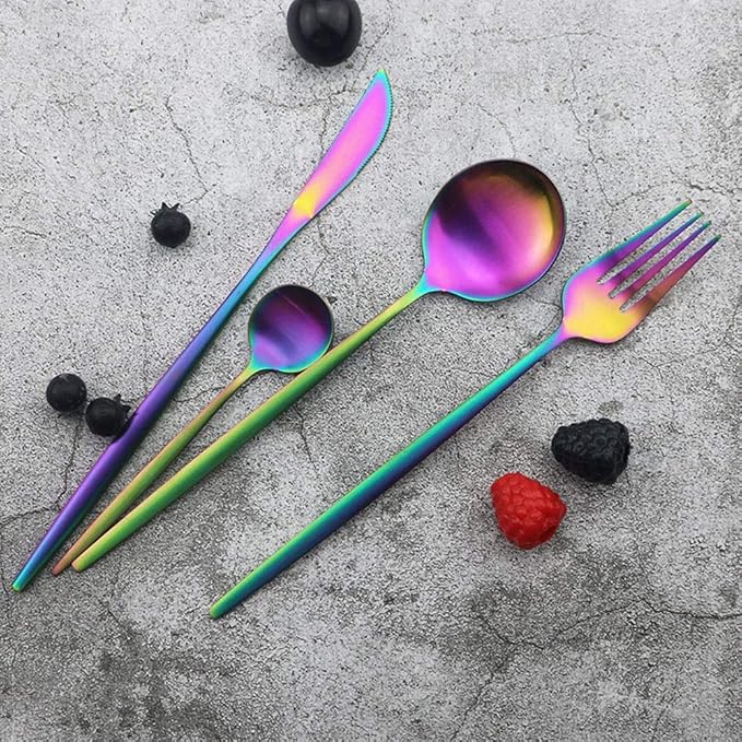 JASHII Silverware Metal Utensils Group Serves 6, Kitchen 24-piece Flatware Cutlery Set Stainless Steel, Modern Elegant Tableware Set for Party, Christmas, Dinner(Matte Rainbow)