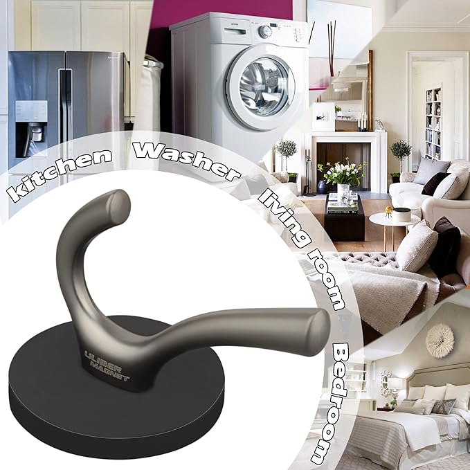 ULIBERMAGNET Strong Magnetic Double Hooks, 2 Pack Heavy Duty Sturdy Coat Magnetic Hangers, Rubber Magnets Large Hooks for Coat Robe Towel Key Hat (Brushed Nickel)