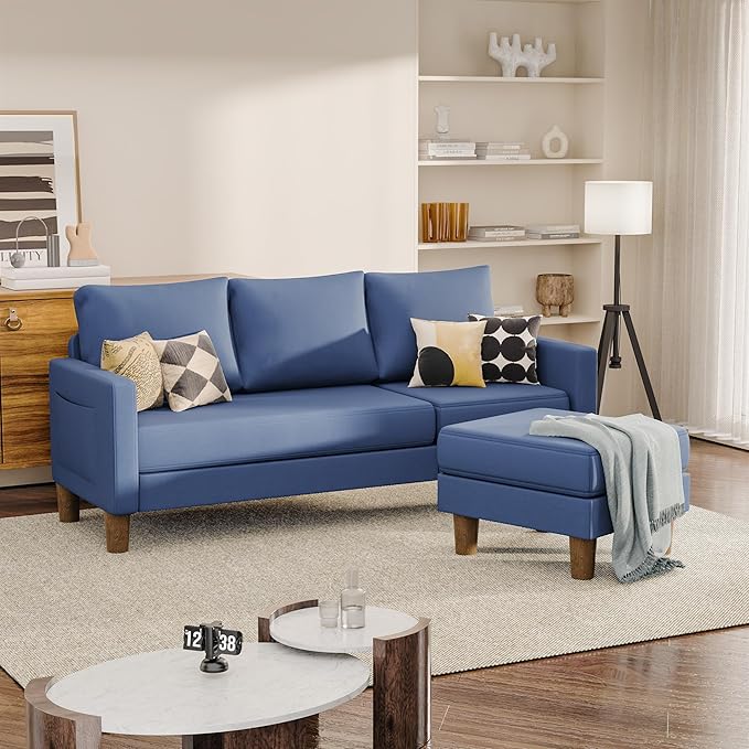 JUMMICO L Shape Sectional Sofa Couch, 3 Seat Convertible Sofa with Movable Ottoman and Side Storage Pockage, Modern Sofa Small Couches for Living Room & Apartment and Small Space (Linen, Blue)