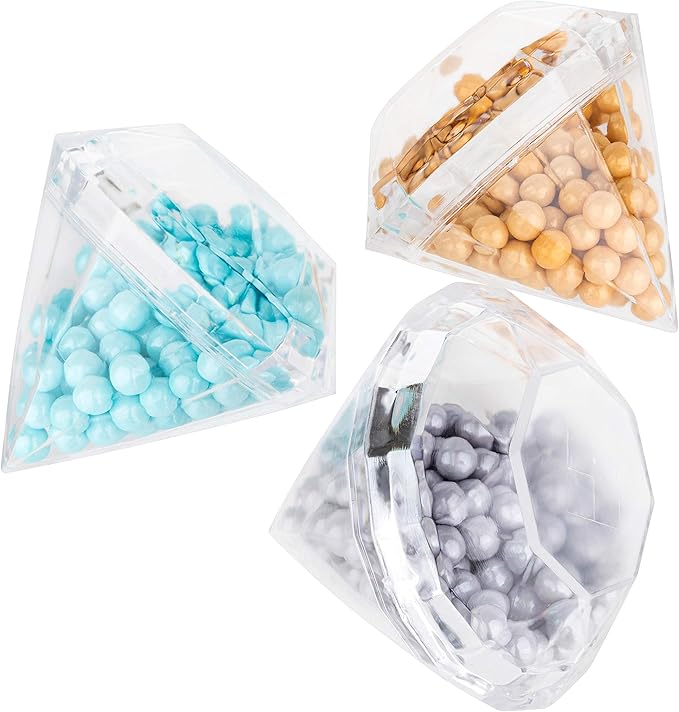 Diamond Shaped Acrylic Candy Boxes - 12 Pack - 2.75"x2.75"x2.75" - Perfect for Weddings, Engagement Parties, Bridal Showers, Birthdays, and Diamond Ring Themed Gifts | Cute Clear Plastic Containers