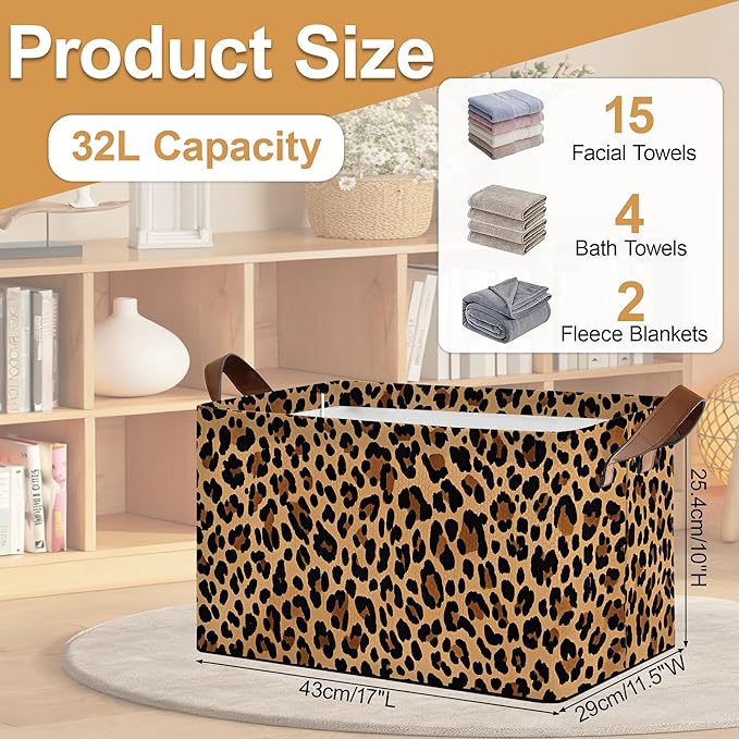 Storage Bin with Handles, Leopard Print Collapsible Laundry Baskets for Books, Laundry - Use in Nursery, Closet Organizers and Storage, Blanket Basket