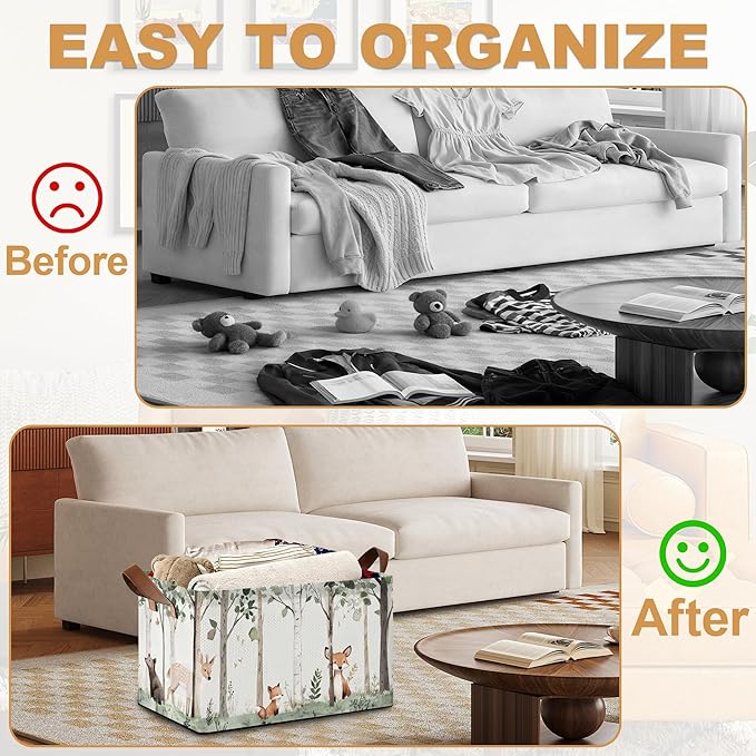 Forest Animal Storage Bin with Handles, Basket Storage Organizer for Shelves, Closet, Nursery, Book, Laundry Hamper & Home Decor