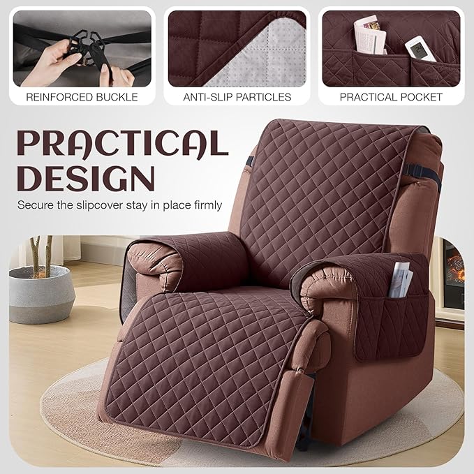 KinCam 100% Waterproof Recliner Chair Cover, Reclining Couch Covers for Pets, Dogs, Recliner Couch Slipcover Furniture Protector with Elastic Straps for Kids(28", Coffee)