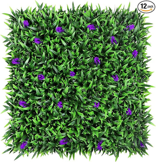 Artificial Grass Wall 12PCS 20" X 20" Lavender Flowers Topiary Hedge Plant Grass Backdrop Wall Greenery Panels for Indoor Outdoor Privacy Fence Home Decor(Seedling Grass)