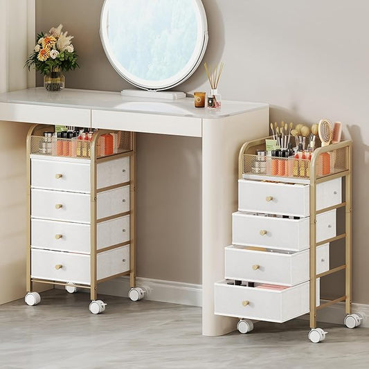 SWTYMIKI Rolling Makeup Organizer Cart - Floor Skincare Make Up Storage with 4 Non-woven Drawers, Vanity Organizer Cosmetic Display Cases Cabinet for Skin Care Perfume Nail Polish Brush Hair Tool