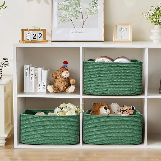 3 Pack Large Storage Basket for Organizing, 17.5"x13"x7" Woven Basket for Shelves, Closet Cube Storage Bins with Wrapped Handle, Cotton Rope Baskets for Kitchen, Clothes, Toys(Green)