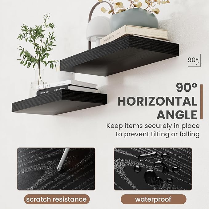36 Inch Floating Shelves, 8 Inch Deep Floating Shelves for Wall, Hanging Shelf with Invisible Brackets, Deep Shelves for Bathroom, Bedroom, Living Room, Black, Set of 2