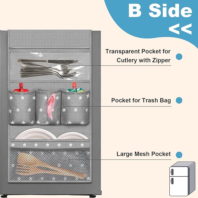 Dorm Room Essentials Mini Fridge Organizer, Hanging Over Fridge Storage Organizer, College Caddy with 14 Pocket for Office, Kitchen, Home, School (Grey)