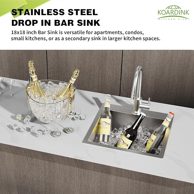 Kitchen And Bar Sink, 18x18 Inch Stainless Steel Drop In Modern Single Bowl Small Kitchen And Bar Sink Combo-SS Grid,Silicon Mat,Drain Strainer Set Compatibility With Various Modern&Classic Style