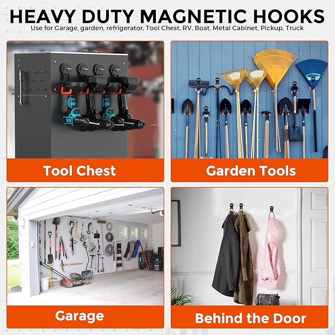 8Pcs Large Strong Magnetic Hooks Heavy Duty Garage Big Magnet Hooks Extra Strength Magnetic Utility Storage Hook Hanger with Anti Slip Coating for Garden Indoor Outdoor Hanging Tools Orange