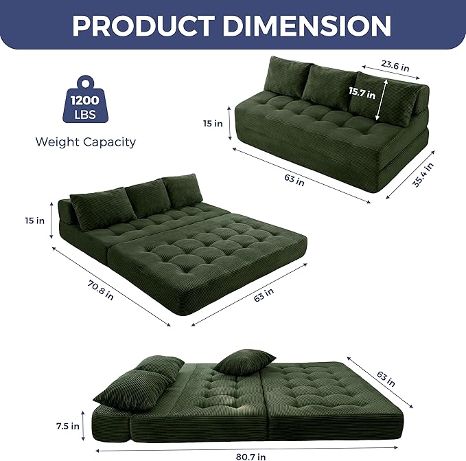 MAXYOYO Folding Sofa Couch, Convertible Floor Sleeper Couch with 3 Pillows, Tufted Floor Oversized Loveseat Couch Tufted Fold Out Chair Bed Comfy Sofa Lounge for Living Room Bedroom, Dark Green