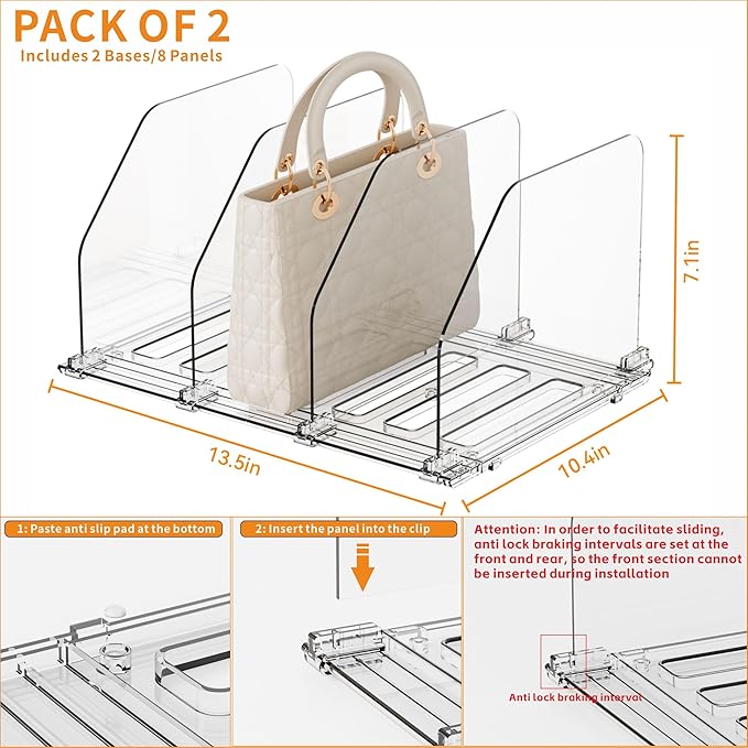 Yieach 2 Pack Purse Dividers for Closet - Adjustable Closet Purse Organizers and Storage Rack,Acrylic Clear Shelf Dividers for Closet Organization,Towel,Pocketbook,Wallet,Bag Shelf,Clutch Organizer
