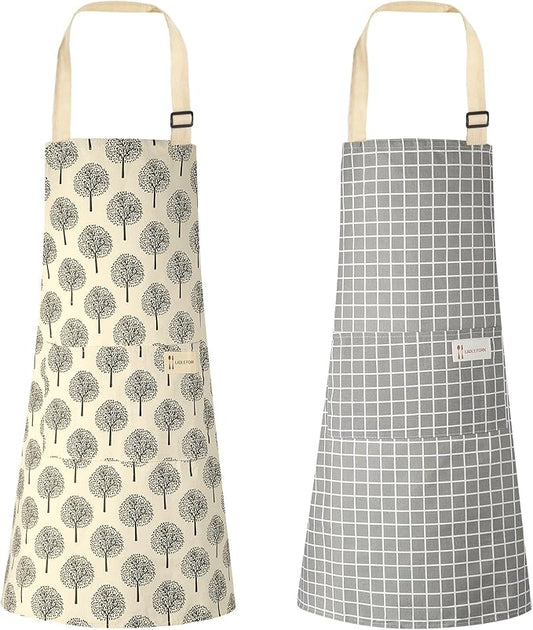 Syhood 2 Pack Aprons with 2 Pocket for Women Men Soft Linen Adjustable Bib Kitchen Cooking Apron for Chefs, Waiters, Baking(Grey Plaid Style)