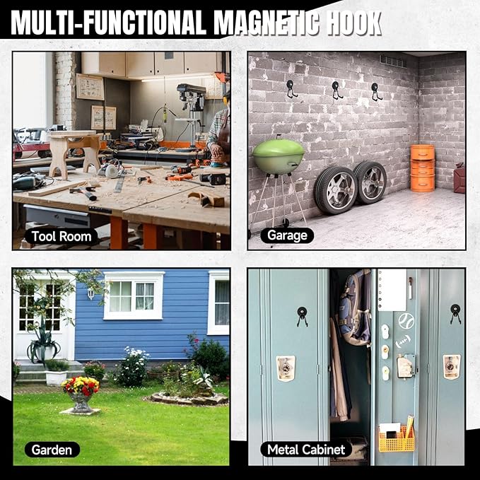 Magnetic Hooks 4 Pack, Large Strong Magnetic Hooks Heavy Duty with Anti-Slip Coating, Garage Magnet Hooks for Hanging Garden Tools,Drills,Hoses. Ideal for Metal Cabinet,Tool Cart,Workshop